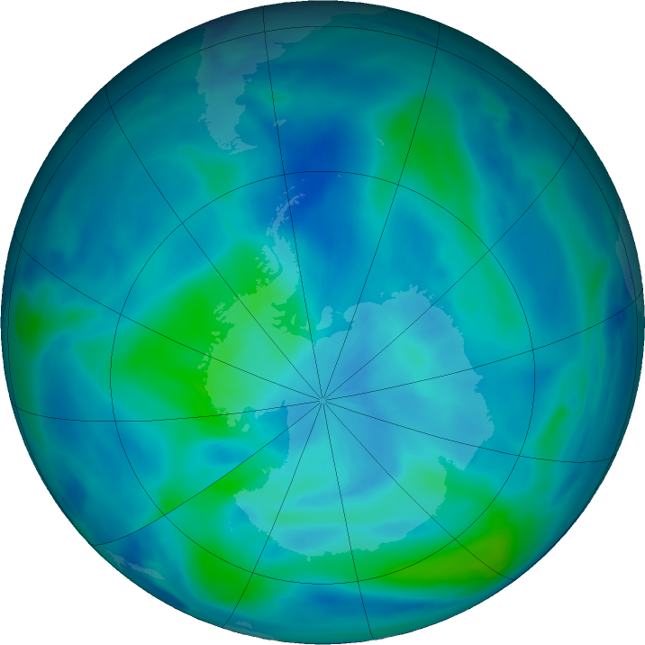 Antarctic ozone map for 15 March 2021